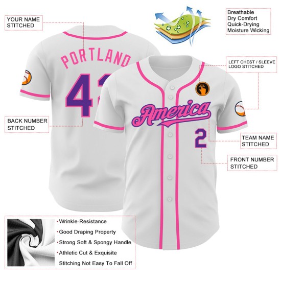 Lila-Pink Jersey Authentic Weiß Baseball Custom