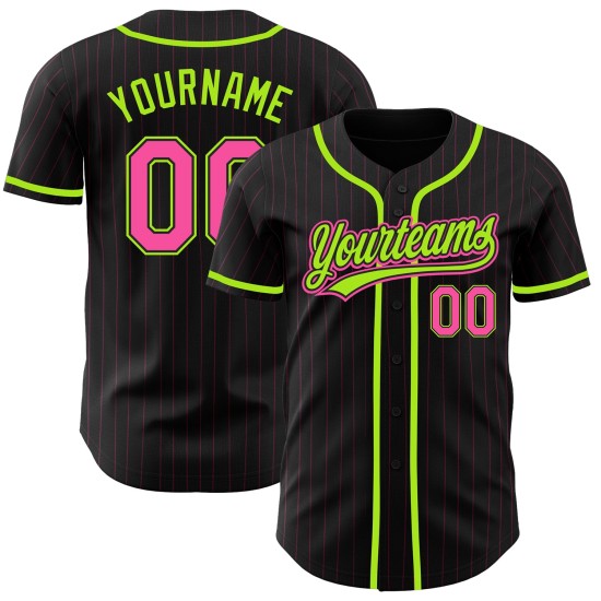 Benutzerdefinierte Schwarz Rosa Nadelstreifen Pink-Neon Grün Authentic Baseball Jersey