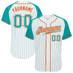 Benutzerdefinierte weiß Aqua Nadelstreifen Aqua-Orange authentische Raglan Ärmel Baseball Jersey