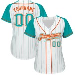 Benutzerdefinierte weiß Aqua Nadelstreifen Aqua-Orange authentische Raglan Ärmel Baseball Jersey