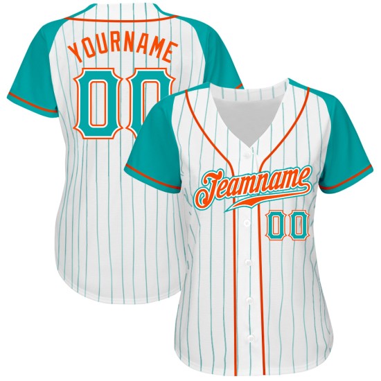 Benutzerdefinierte weiß Aqua Nadelstreifen Aqua-Orange authentische Raglan Ärmel Baseball Jersey