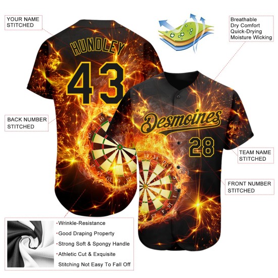 Design 3D Dart Flamme Baseball Gold Custom Board Schwarz Authentische Muster Jersey