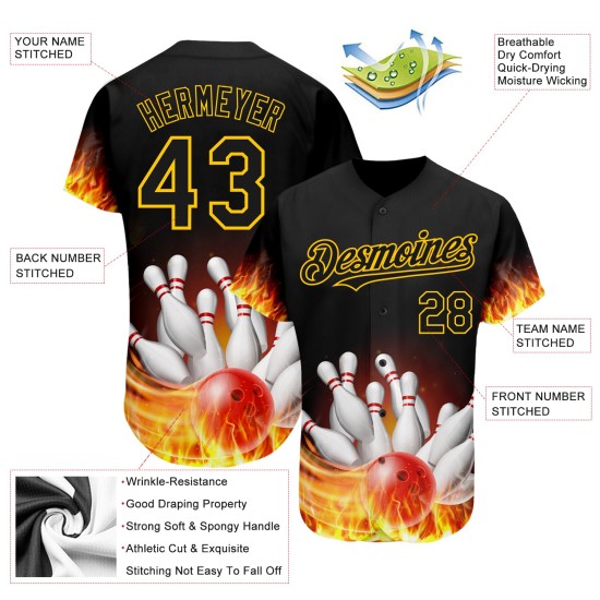 Benutzerdefinierte Schwarz Gold 3D Muster Design Flamme Bowling Authentische Baseball Jersey Benutzerdefinierte Schwarz Gold 3D Muster Design Flamme Bowling Authentische Baseball Jersey