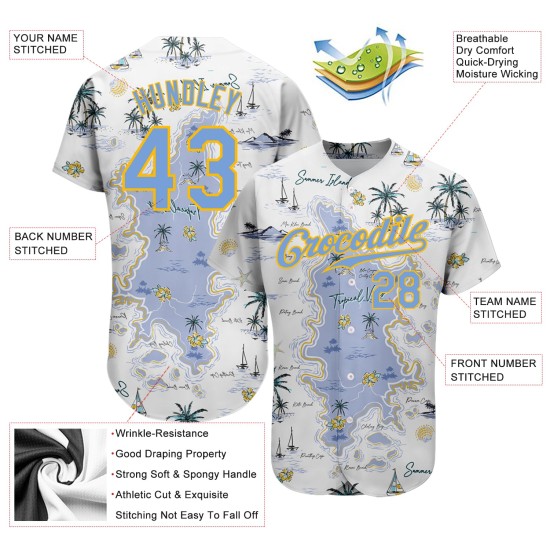 Baseball Authentic Light und Custom Blau-Gelb 3D Weiß Jersey Muster Strand Design Hawaii Bäume Insel Palm