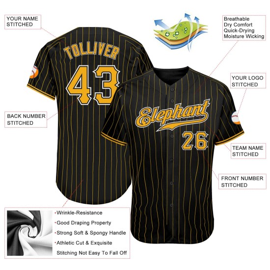 Benutzerdefiniertes authentisches Baseballtrikot mit schwarzen und goldenen Nadelstreifen in Gold-Weiß