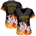 Benutzerdefinierte Schwarz Gold 3D Muster Design Flamme Bowling Authentische Baseball Jersey Benutzerdefinierte Schwarz Gold 3D Muster Design Flamme Bowling Authentische Baseball Jersey
