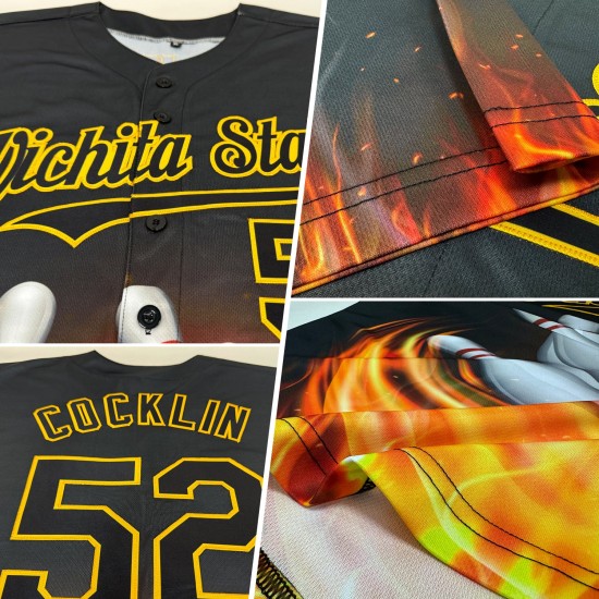 Benutzerdefinierte Schwarz Gold 3D Muster Design Flamme Bowling Authentische Baseball Jersey Benutzerdefinierte Schwarz Gold 3D Muster Design Flamme Bowling Authentische Baseball Jersey