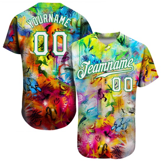 Benutzerdefiniertes Scratch Graffiti Muster Weiß-Kelly Grün 3D Authentic Baseball Jersey