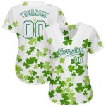 Benutzerdefiniertes weißes, weiß-kellygrünes 3D-Musterdesign, authentisches St. Patrick's Day Baseball-Trikot