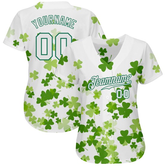 Benutzerdefiniertes weißes, weiß-kellygrünes 3D-Musterdesign, authentisches St. Patrick's Day Baseball-Trikot