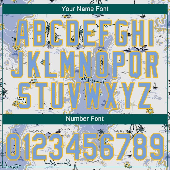 Baseball Authentic Light und Custom Blau-Gelb 3D Weiß Jersey Muster Strand Design Hawaii Bäume Insel Palm