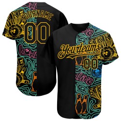 Benutzerdefinierte Schwarz Gold 3D Muster Design Bowling Authentic Baseball Jersey