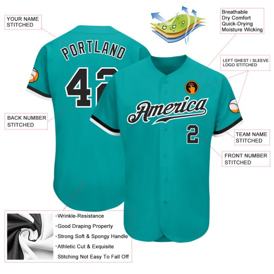 Benutzerdefiniertes Aqua Schwarz-Weiß Authentic Baseball Jersey Benutzerdefiniertes Aqua Schwarz-Weiß Authentic Baseball Jersey