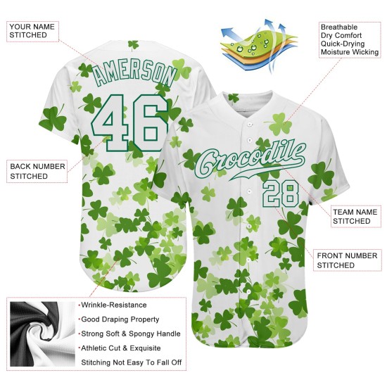Benutzerdefiniertes weißes, weiß-kellygrünes 3D-Musterdesign, authentisches St. Patrick's Day Baseball-Trikot