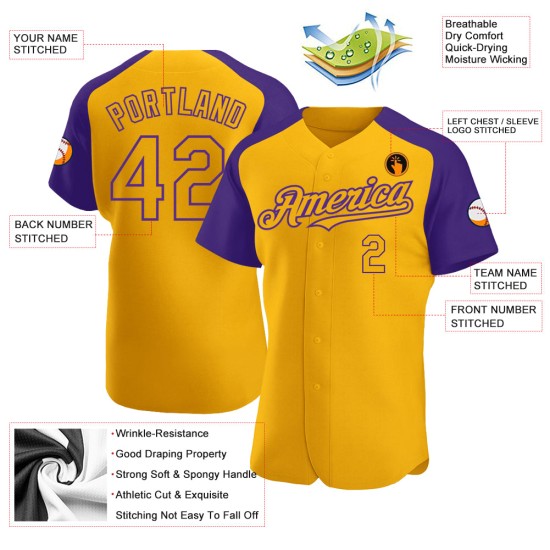 Raglan-Ärmel Lila Jersey Custom Authentic Gold Baseball