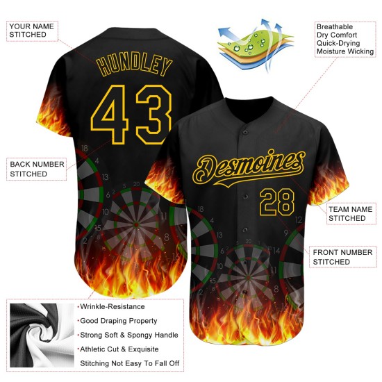 Design Gold Dart Jersey Muster Custom Baseball Board Flamme Schwarz Authentische 3D
