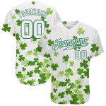 Benutzerdefiniertes weißes, weiß-kellygrünes 3D-Musterdesign, authentisches St. Patrick's Day Baseball-Trikot
