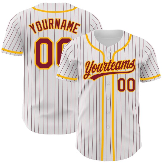 Authentisches Baseball-Trikot, karminrot/weiß, individuelle Nadelstreifen, karminrot-gold