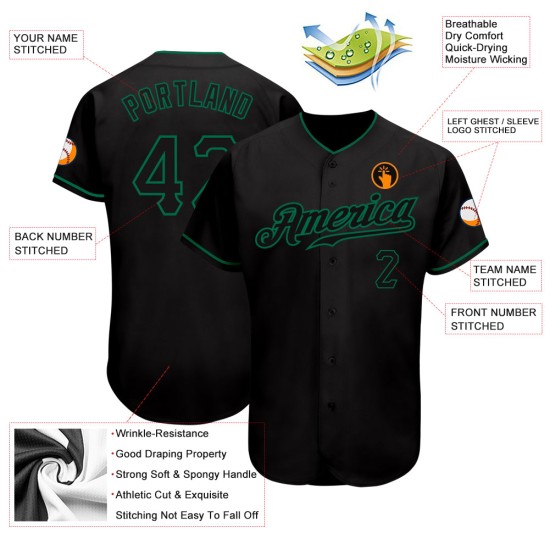 Benutzerdefiniertes authentisches Baseball-Trikot in Schwarz und Kelly Green